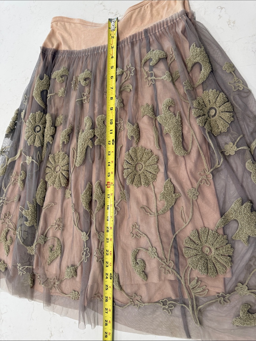 Chan Luu Blush Peach Tulle Midi Skirt with Khaki/ stone Embroidery. - Picture 6 of 6